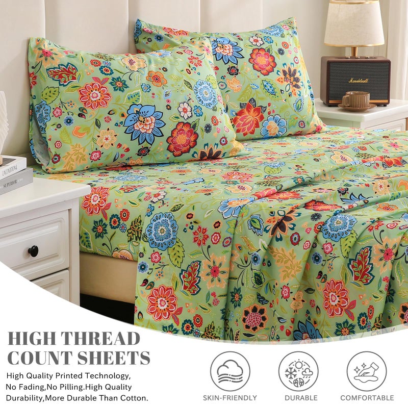 Bedlifes Queen Sheet Set Ultra Soft, Breathable, Silky Flower Deep Pocket 100% Microfiber Bedding, 4 Piece Queen Size with Floral Sage Green - Image 2
