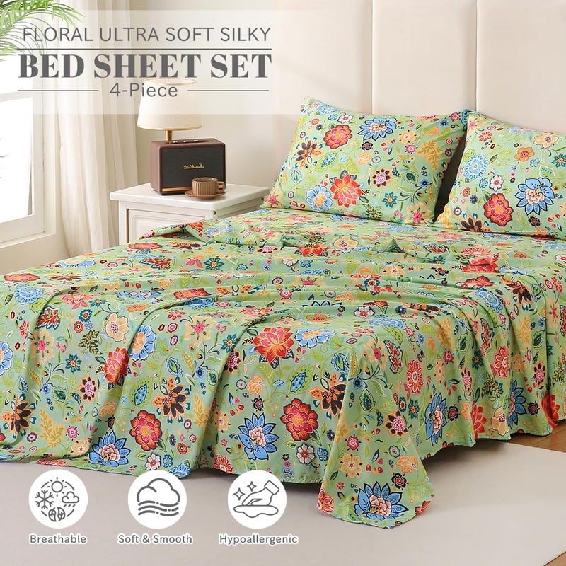 Bedlifes Queen Sheet Set Ultra Soft, Breathable, Silky Flower Deep Pocket 100% Microfiber Bedding, 4 Piece Queen Size with Floral Sage Green - Image 3