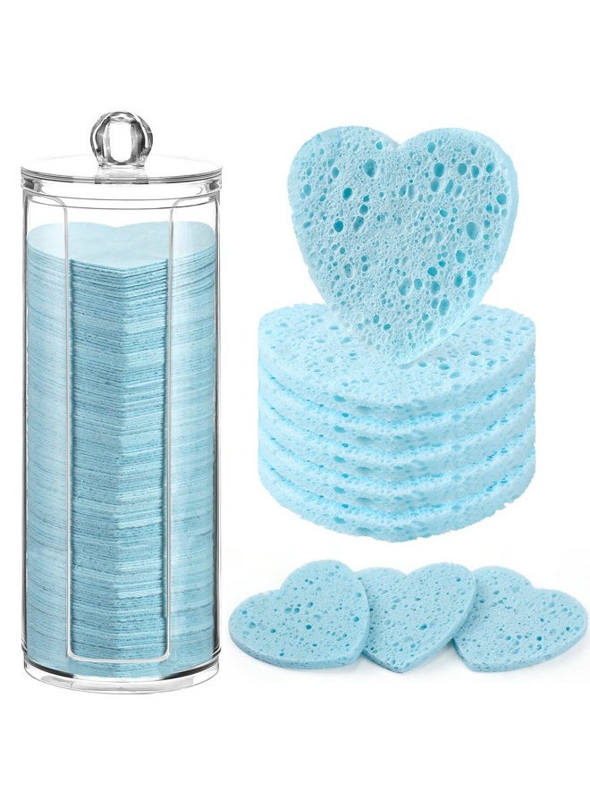 Sieral Sieral 120 Pcs Compressed Facial Sponges with Container Face Sponge Disposable Sponge Pads for Washing Face Cleansing Exfoliating Esthetician Makeup Removal(Light Blue, Heart)  - Image 1