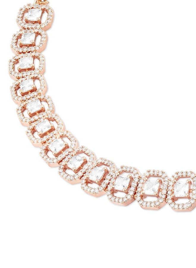 Ami Rose Gold Tone Dazzling Cubic Zirconia Brass Necklace and Earring Set For Women-ZPFK20565 - Image 5