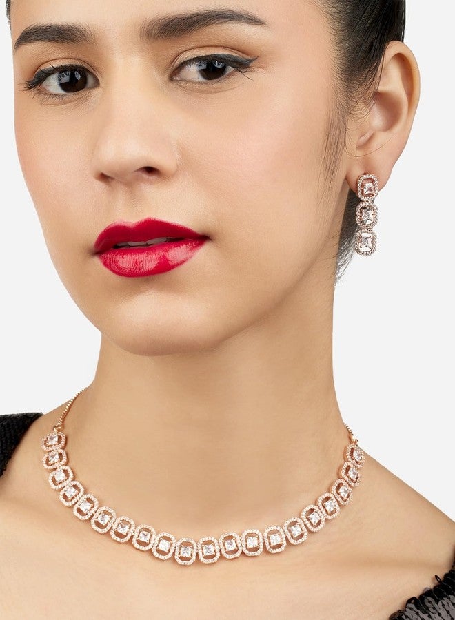 Ami Rose Gold Tone Dazzling Cubic Zirconia Brass Necklace and Earring Set For Women-ZPFK20565 - Image 3