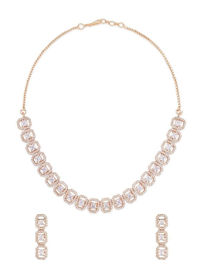 Ami Rose Gold Tone Dazzling Cubic Zirconia Brass Necklace and Earring Set For Women-ZPFK20565 - Image 1