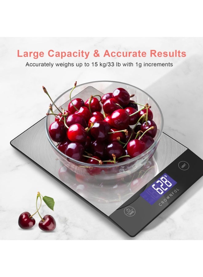 Crownful 15Kg Food Scale, Rechargeable 304 Stainless Steel Digital Kitchen Scale Grams and Ounces with LCD Display and Type-C Charging for Baking and Cooking - Image 2