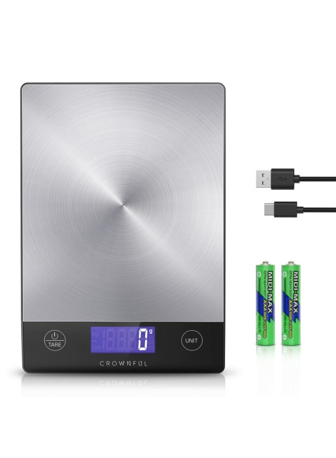 Crownful 15Kg Food Scale, Rechargeable 304 Stainless Steel Digital Kitchen Scale Grams and Ounces with LCD Display and Type-C Charging for Baking and Cooking - Image 1