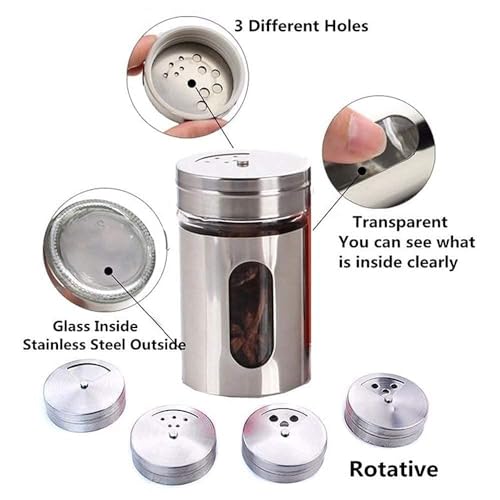 EVK® Spice Jar Stainless Steel & Glass with Holder Stand | Salt & Pepper Shaker| Oregano,Chilli Flakes, Sugar, Seasoning Sprinkler| Air Tight Container | Masala Box Dabbi Set of (1) (1) - Image 3