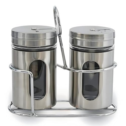 EVK® Spice Jar Stainless Steel & Glass with Holder Stand | Salt & Pepper Shaker| Oregano,Chilli Flakes, Sugar, Seasoning Sprinkler| Air Tight Container | Masala Box Dabbi Set of (1) (1) - Image 1