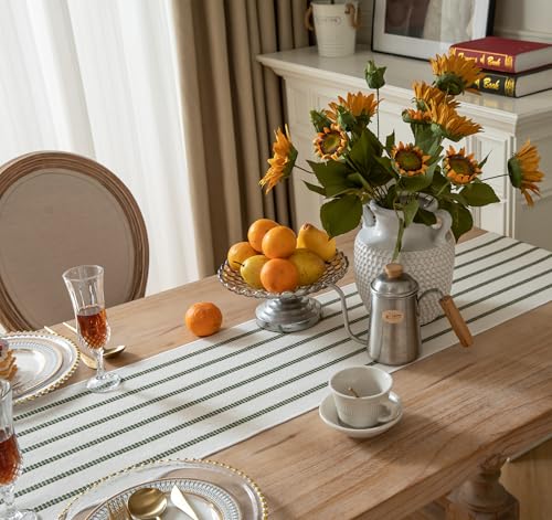Caflife Boho Table Runner 72 Inchs Long Green and Beige, Cotton and Linen Woven with Tassels, for Modern Rustic Farmhouse Neutral Table Runners, Bohemian Kitchen Dining Table Home Decor - Image 3