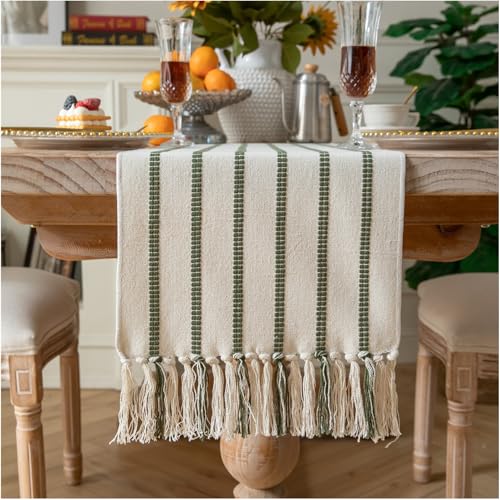 Caflife Boho Table Runner 72 Inchs Long Green and Beige, Cotton and Linen Woven with Tassels, for Modern Rustic Farmhouse Neutral Table Runners, Bohemian Kitchen Dining Table Home Decor - Image 1