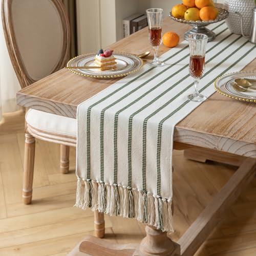 Caflife Boho Table Runner 72 Inchs Long Green and Beige, Cotton and Linen Woven with Tassels, for Modern Rustic Farmhouse Neutral Table Runners, Bohemian Kitchen Dining Table Home Decor - Image 2