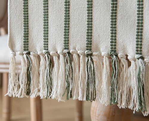 Caflife Boho Table Runner 72 Inchs Long Green and Beige, Cotton and Linen Woven with Tassels, for Modern Rustic Farmhouse Neutral Table Runners, Bohemian Kitchen Dining Table Home Decor - Image 5