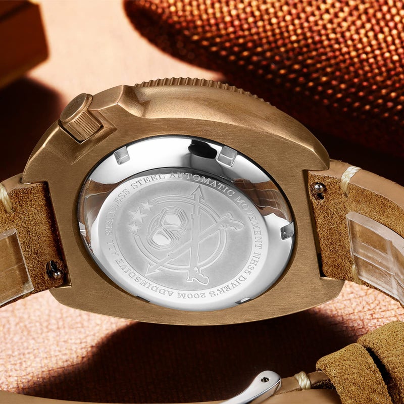 ADDIESDIVE ساعة غوص أوتوماتيكية برونزية من ADDIESDIVE للرجال، ساعة معصم مقاومة للماء 200 م، حزام جلد سويدي عتيق - Image 3