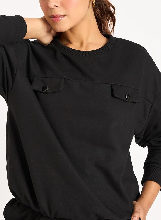 Femmella  Black Flap Detail Terry Sweatshirt for Women | Best Price UAE