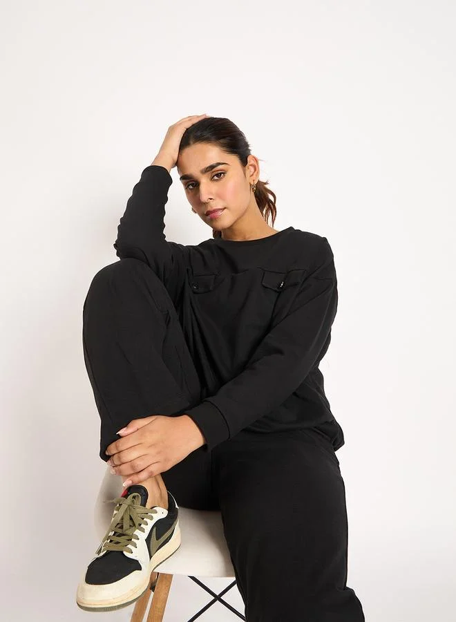 Femmella  Black Flap Detail Terry Sweatshirt for Women | Best Price UAE