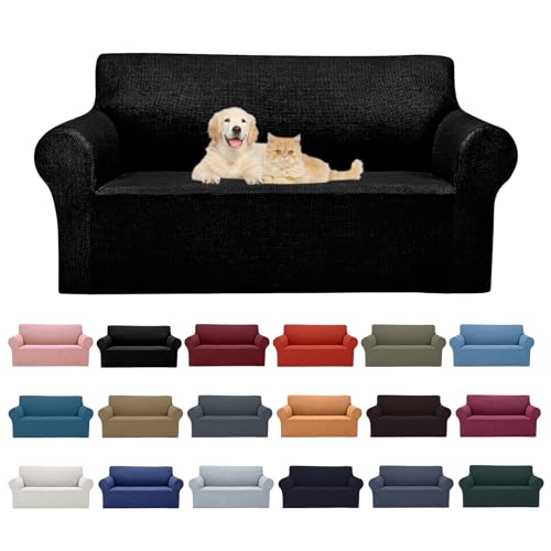 Cupuamon 2025 New Stretch Loveseat Sofa Slipcovers Couch Cover for 2 Cushion Furniture Protector Sofa Covers with Elastic Bottom Jacquard Fabric Small Checks for Pets, Kids - Black - Image 1