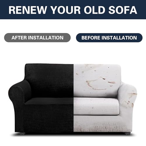 Cupuamon 2025 New Stretch Loveseat Sofa Slipcovers Couch Cover for 2 Cushion Furniture Protector Sofa Covers with Elastic Bottom Jacquard Fabric Small Checks for Pets, Kids - Black - Image 5