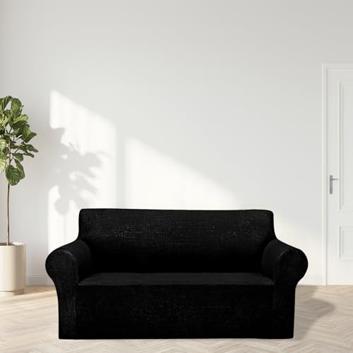 Cupuamon 2025 New Stretch Loveseat Sofa Slipcovers Couch Cover for 2 Cushion Furniture Protector Sofa Covers with Elastic Bottom Jacquard Fabric Small Checks for Pets, Kids - Black - Image 3