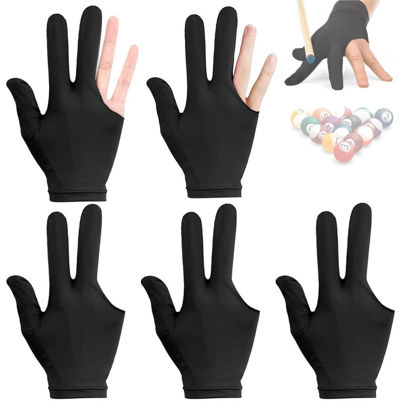 Proberos قفازات سنوكر 5 قطع للرجال/النساء، قفازات بلياردو قابلة للتنفس من سباندكس، قفازات بلياردو بثلاثة أصابع لليد اليسرى/اليمنى، خفيفة الوزن وقابلة للتمدد، مقاس عالمي، أسود - Image 1