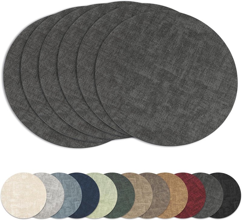 NCUE 13"Round Placemats Set of 6, Reversible Faux Leather Heat Resistant Table Mats, 100% Waterproof Oilproof Wipeable Table Protective Placemats for Vinyl, Washable for Indoor & Outdoor Use (6, Deep Gray) - Image 1