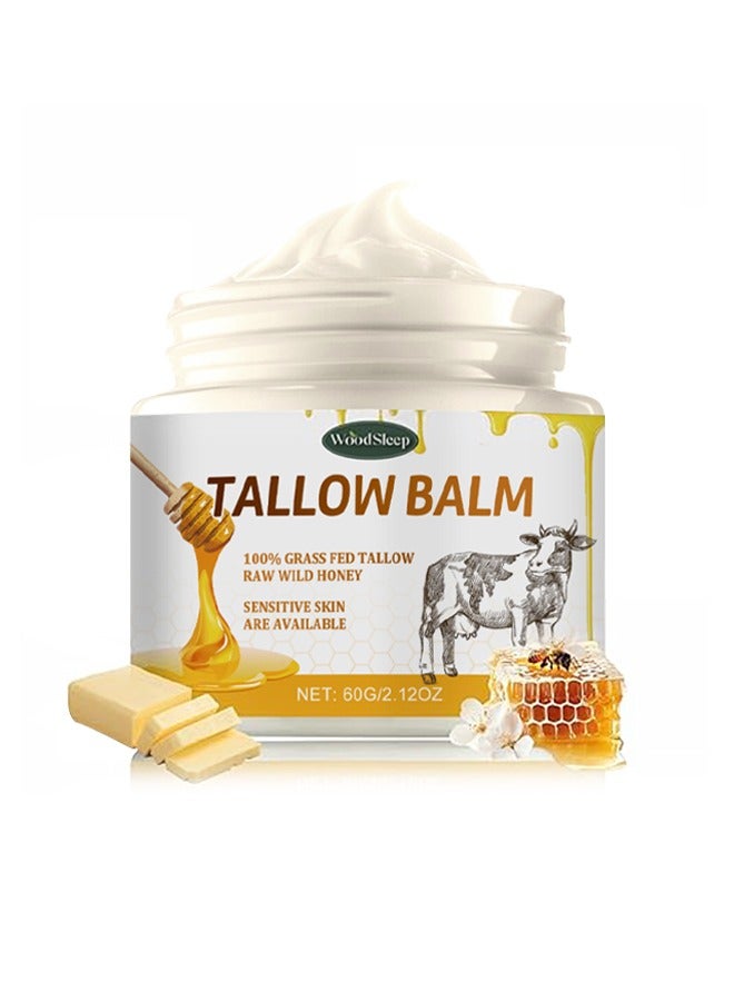 WoodSleep Tallow Balm - 100% Grass Fed Tallow Raw Wild Honey, Sensitive Skin Are Available, Moisturizing, Caring and AntiAging ,Grass Fed Beef Tallow Face Cream (60g /2.12OZ) - Image 1