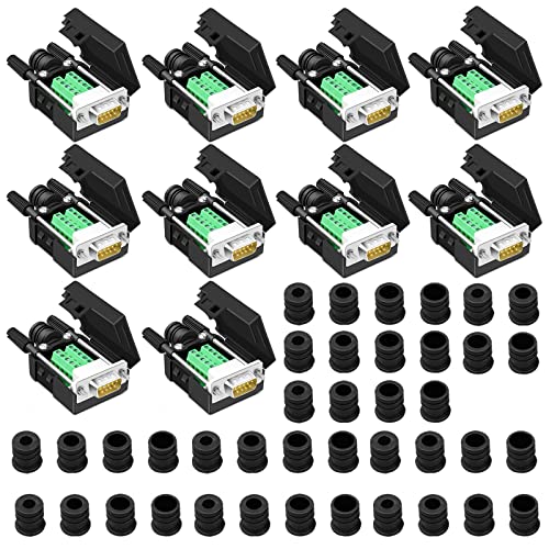ANMBEST 10PCS DB9 Male Breakout ConnectorDB9 Solderless RS232 DSUB Serial to 9pin Port Terminal Adapter Connector Breakout Board with Case Long Bolts Tail Pipe
