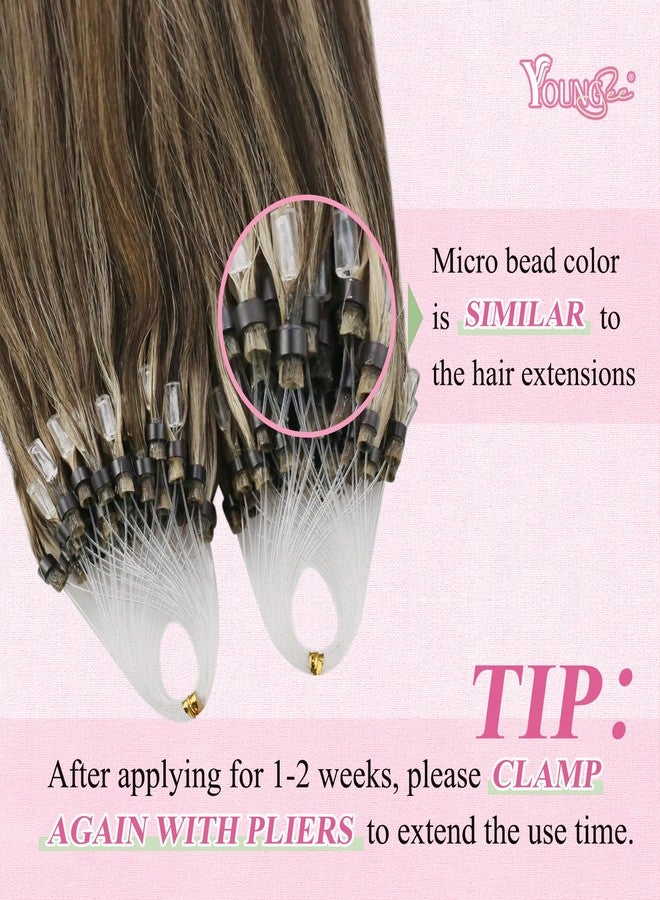 YoungSee Micro Link Hair Extensions Human Hair Brown Micro Hair Extensions Human Hair Brown Highlight Blonde Beaded Hair Extensions for Women 16In Pre Bonded Hair Extension 50g 50s Remy Hair Extension - Image 3