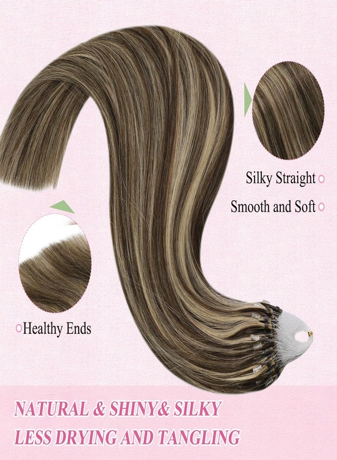 YoungSee Micro Link Hair Extensions Human Hair Brown Micro Hair Extensions Human Hair Brown Highlight Blonde Beaded Hair Extensions for Women 16In Pre Bonded Hair Extension 50g 50s Remy Hair Extension - Image 4