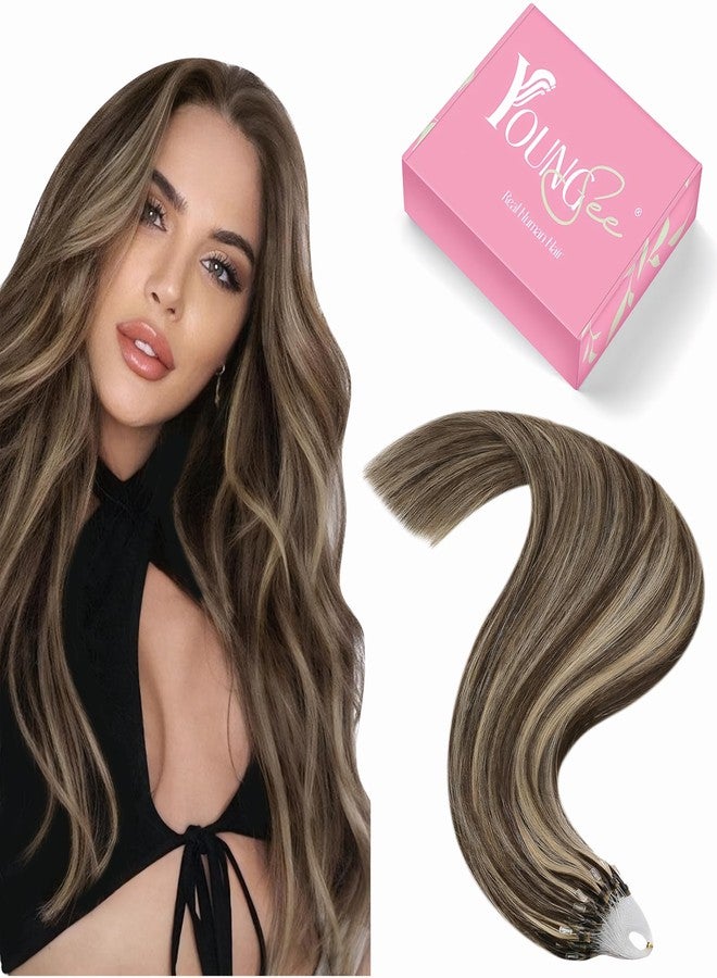 YoungSee Micro Link Hair Extensions Human Hair Brown Micro Hair Extensions Human Hair Brown Highlight Blonde Beaded Hair Extensions for Women 16In Pre Bonded Hair Extension 50g 50s Remy Hair Extension - Image 1