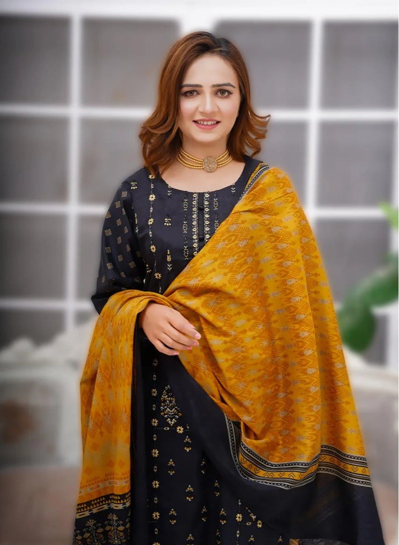 وينشيلز طقم سلوار قميص باكستاني تقليدي مكون من 3 قطع - أسود مع تطريز ذهبي، دوباتا بلون الخردل - كبير - Image 1