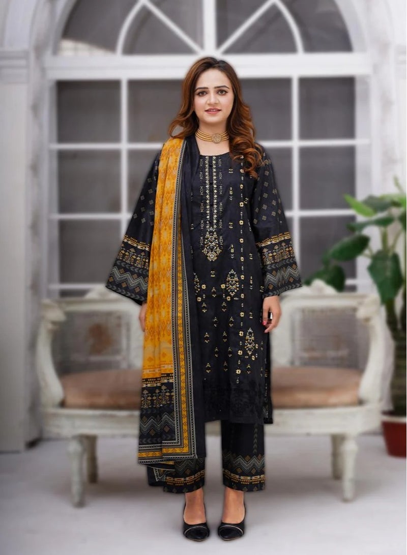 وينشيلز طقم سلوار قميص باكستاني تقليدي مكون من 3 قطع - أسود مع تطريز ذهبي، دوباتا بلون الخردل - كبير - Image 2