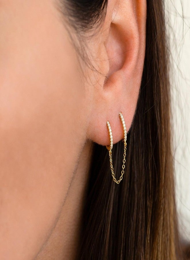 CERSLIMO Gold Chain Hoop Earrings for Women - Double Piercings Chain Huggie Earrings for Two Holes, Small Dangle Cubic Zirconia Hoops Jewelry for Teen Gifts - Image 2