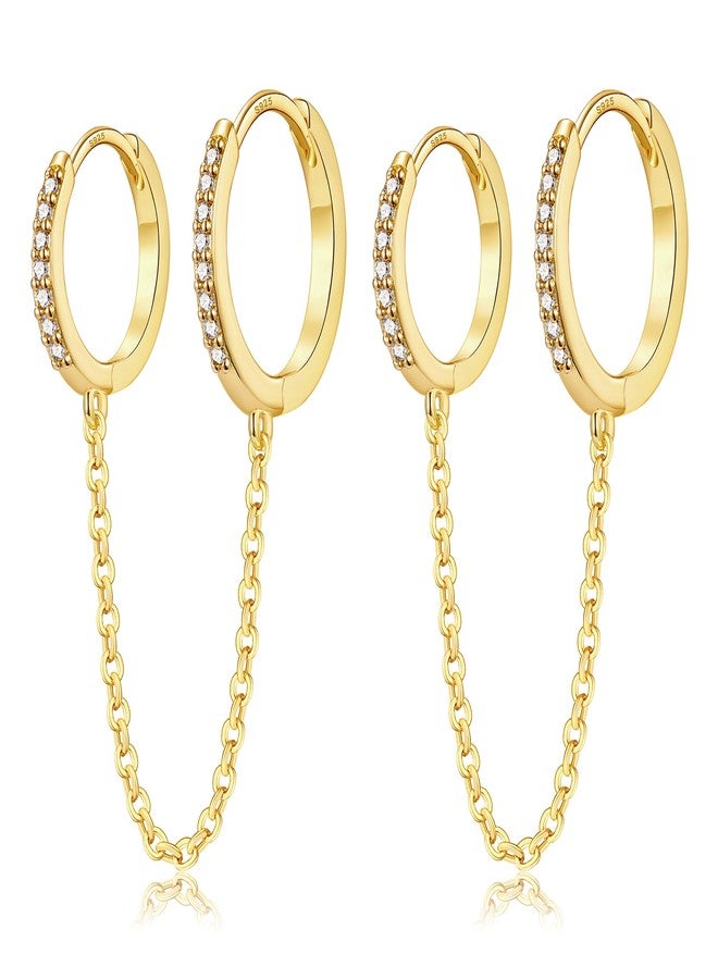 CERSLIMO Gold Chain Hoop Earrings for Women - Double Piercings Chain Huggie Earrings for Two Holes, Small Dangle Cubic Zirconia Hoops Jewelry for Teen Gifts - Image 1