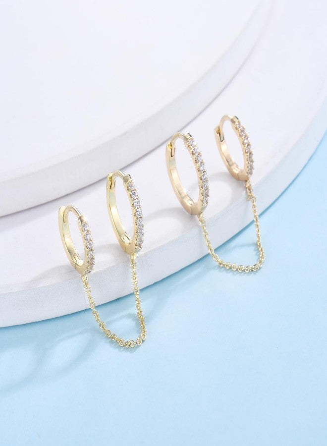 CERSLIMO Gold Chain Hoop Earrings for Women - Double Piercings Chain Huggie Earrings for Two Holes, Small Dangle Cubic Zirconia Hoops Jewelry for Teen Gifts - Image 4
