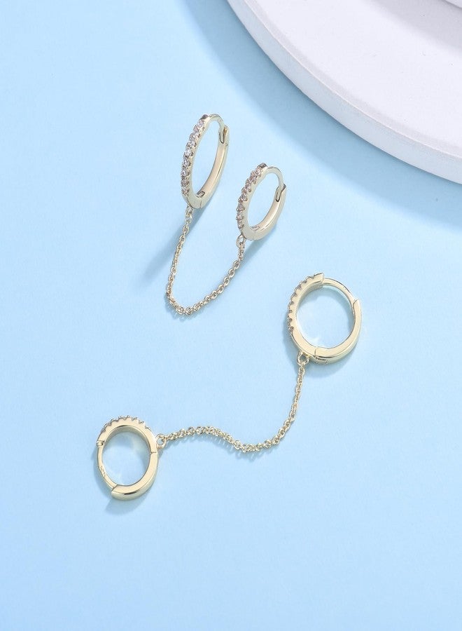 CERSLIMO Gold Chain Hoop Earrings for Women - Double Piercings Chain Huggie Earrings for Two Holes, Small Dangle Cubic Zirconia Hoops Jewelry for Teen Gifts - Image 5