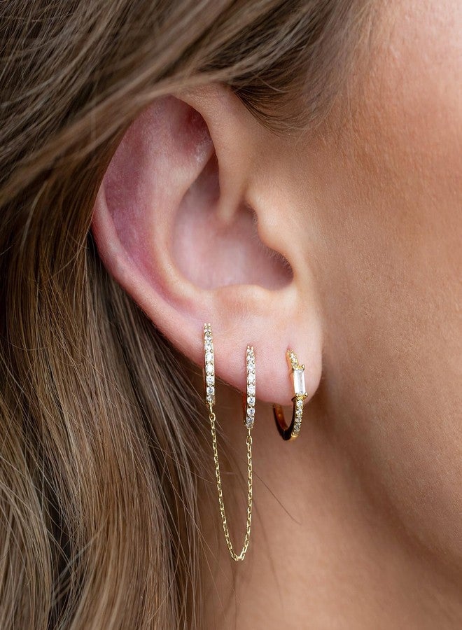 CERSLIMO Gold Chain Hoop Earrings for Women - Double Piercings Chain Huggie Earrings for Two Holes, Small Dangle Cubic Zirconia Hoops Jewelry for Teen Gifts - Image 3