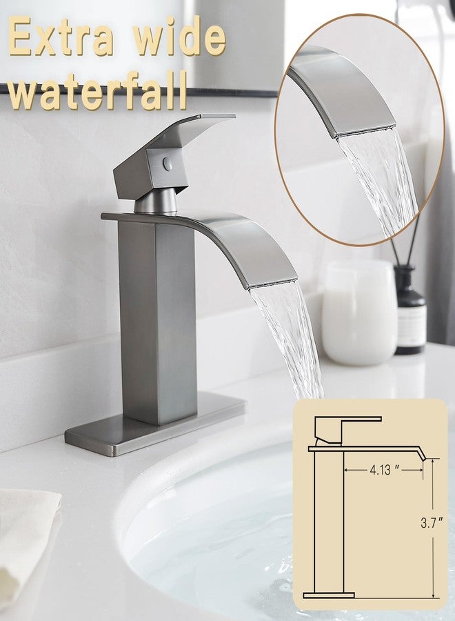 FRANSITON Brushed Grey Waterfall Bathroom Faucet Lavatory Single Handle 1 or 3 Hole Bathroom Sink Faucet with Deck and Pop-up Drain (Brushed Grey, Short) - Image 5