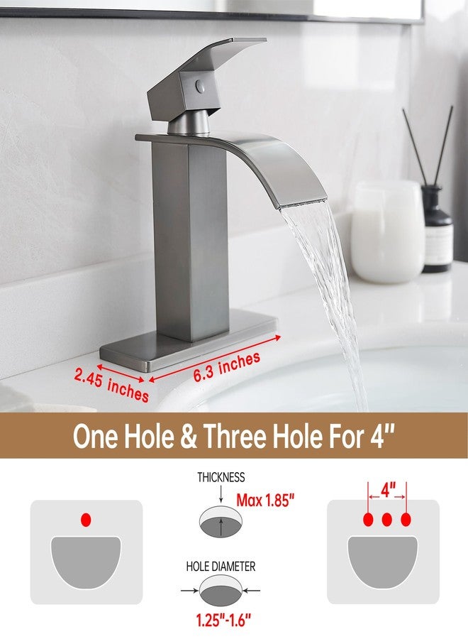 FRANSITON Brushed Grey Waterfall Bathroom Faucet Lavatory Single Handle 1 or 3 Hole Bathroom Sink Faucet with Deck and Pop-up Drain (Brushed Grey, Short) - Image 2