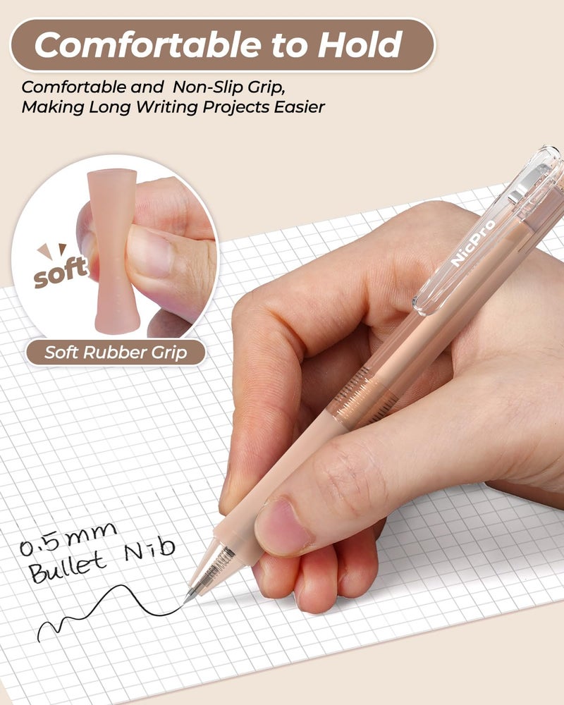 Nicpro 22 PCS Pastel Gel Ink Pen Set,12 Black Ink Pens with 2 Pack Highlighters and 2 Pack Mechanical Pencil 0.5 0.7mm, Retractable 0.5mm Fine Point Note Taking Pens for School Office (Brown) - Image 2