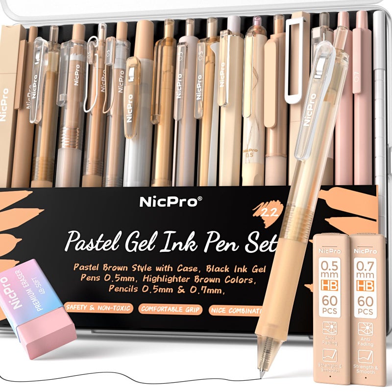 Nicpro 22 PCS Pastel Gel Ink Pen Set,12 Black Ink Pens with 2 Pack Highlighters and 2 Pack Mechanical Pencil 0.5 0.7mm, Retractable 0.5mm Fine Point Note Taking Pens for School Office (Brown) - Image 1