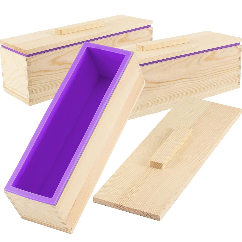 MAHIONG MAHIONG 3PCS 47oz Silicone Soap Kit Purple Rectangular Silicone Loaf Soap Making with 3 Wooden Boxes and 3 Lids DIY Supplies for Soap Making 