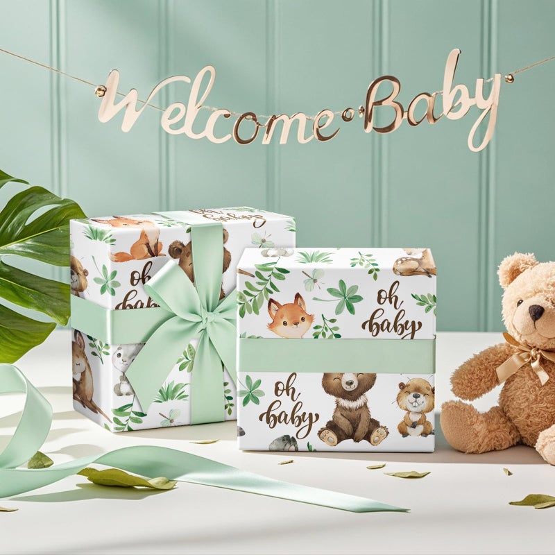 RUSPEPA Jungle Animal Wrapping Paper Roll for Boys Girls, Mini Roll, Woodland Animals with Bear Fox Deer Bunny Design, Forest Gift Wrap Perfect for Baby Shower, Kids' Birthday, 17 Inches x 16.4 Feet - Image 4
