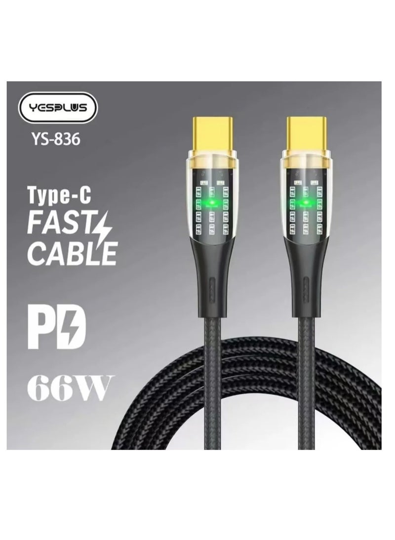 Yesplus YS-836 66W Type-C to Type-C Fast Charging Cable – LED Display, Braided, Durable - Image 1