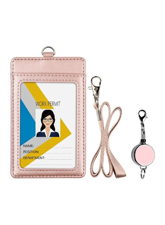 "حامل بطاقة عمل جلدي مع حمالة عنق - وردي ذهبي، حمالة عنق قابلة للتعديل للعمل، المدرسة، السفن السياحية، بطاقات مفاتيح الفندق - كارد هولدر نسائي " - Image 1