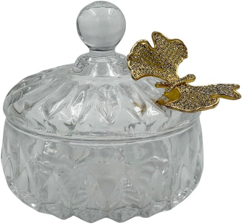 B&D Decorative Glass Date Bowl with Gold Leaf Accent, Clear Crystal Jar with Lid - Image 3
