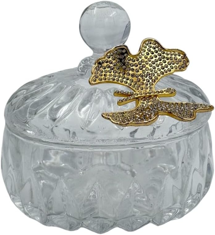B&D Decorative Glass Date Bowl with Gold Leaf Accent, Clear Crystal Jar with Lid - Image 4