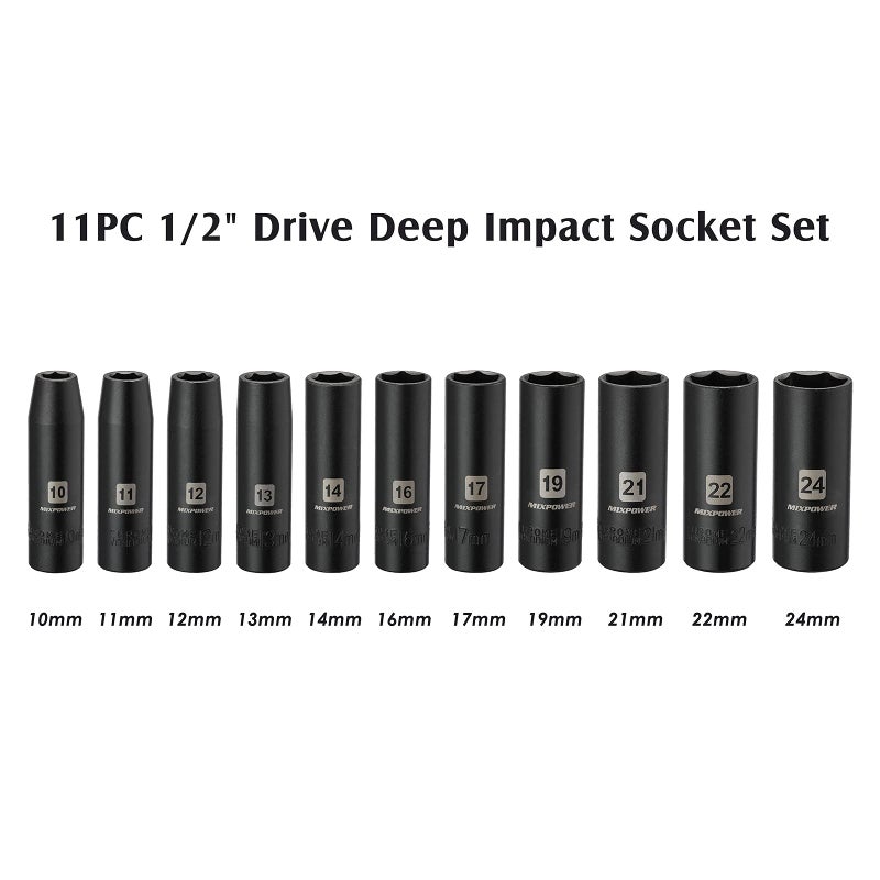 MIXPOWER 11-Piece 1/2-Inch Drive Deep Impact Socket Set, CR-V, Metric, 6 Point, Deep, 10-24mm - Image 3