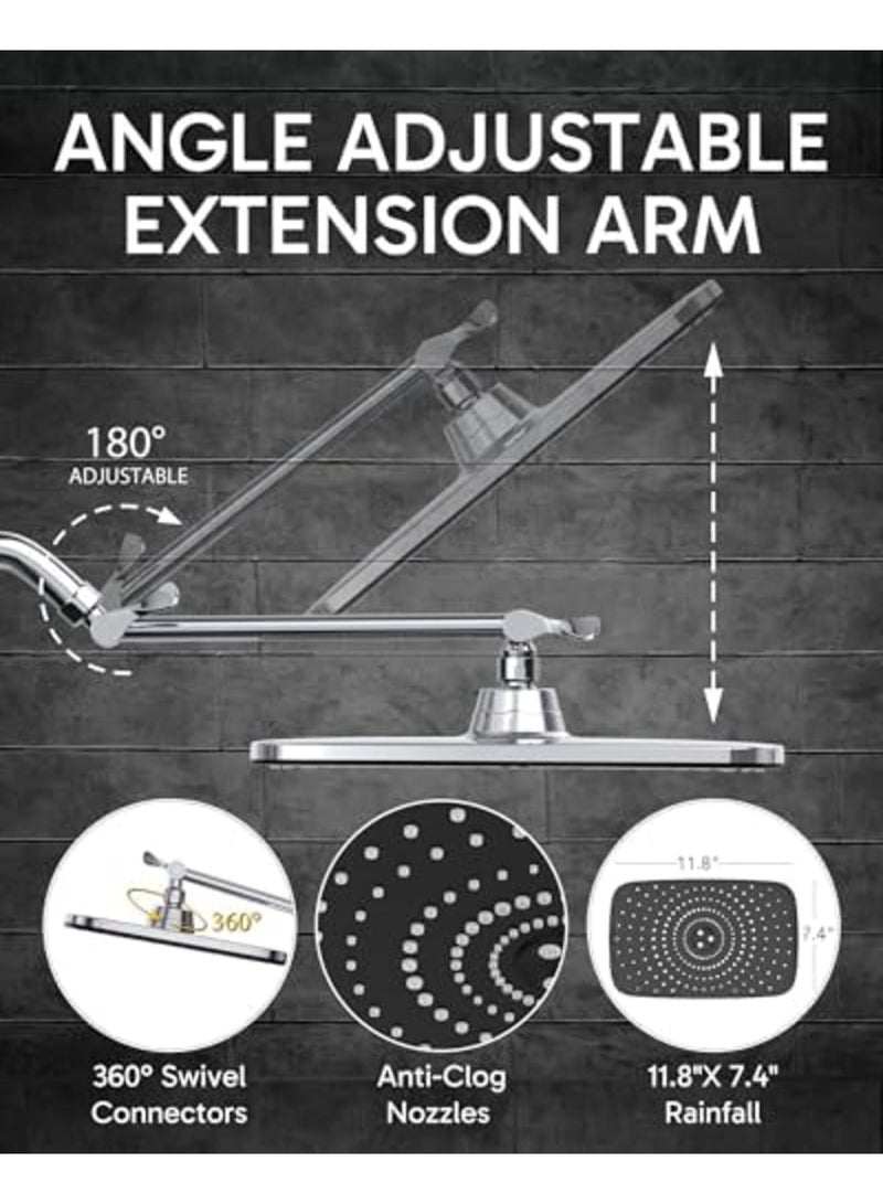 SYOSI Rain Shower Head, 11.8 Inch Large Rectangular Rainfall Showerhead with Adjustable 11 Inch Stainless Steel Extension Arm, Detachable Waterfall Rain Shower Heads with Anti-Clog Nozzles for Bathroom Use - Image 4