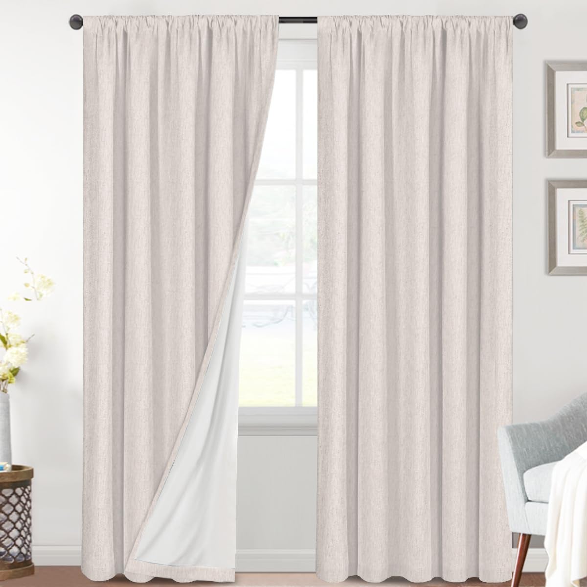 H.VERSAILTEX HVERSAILTEX Linen Look 100 Blackout Curtains 95 Inches Long for Bedroom Full Light Blocking Rod Pocket Linen Textured Thick Window Curtain Drapes with White Backing Ivory 2 Panels