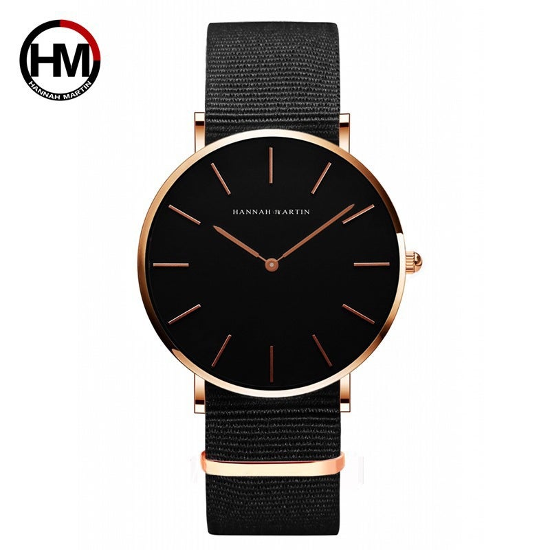 Waterproof Quartz Mens Watch with Leather Strap CH02FN Rose Gold Shell Black Cloth Belt 