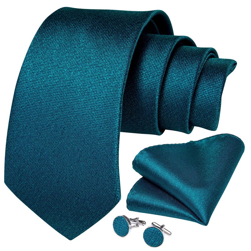 DiBanGu Mens Tie Set Silk Solid Paisley Necktie and Pocket Square Cufflinks Classic Formal Ties for Men Wedding Party, Teal - Image 3