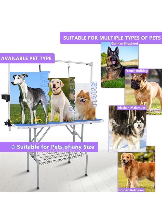 45'' Professional Foldable Heavy Duty Dog Pet Grooming Table with Tool Holder H-Shape Arm & Noose & Mesh Tray, Maximum Capacity Up to 260lbs, Blue